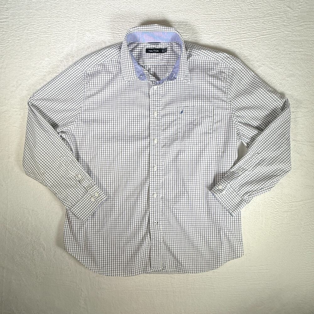 Nautica Men's Dress‎ Shirt White Black & Blue Checkered Grid Pattern XXL Preppy